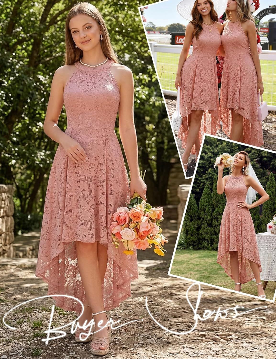 Women Halter Lace Wedding Guest Dress Hi-Lo Cocktail Party Bridesmaid Formal Dresses