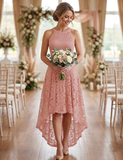 Women Halter Lace Wedding Guest Dress Hi-Lo Cocktail Party Bridesmaid Formal Dresses